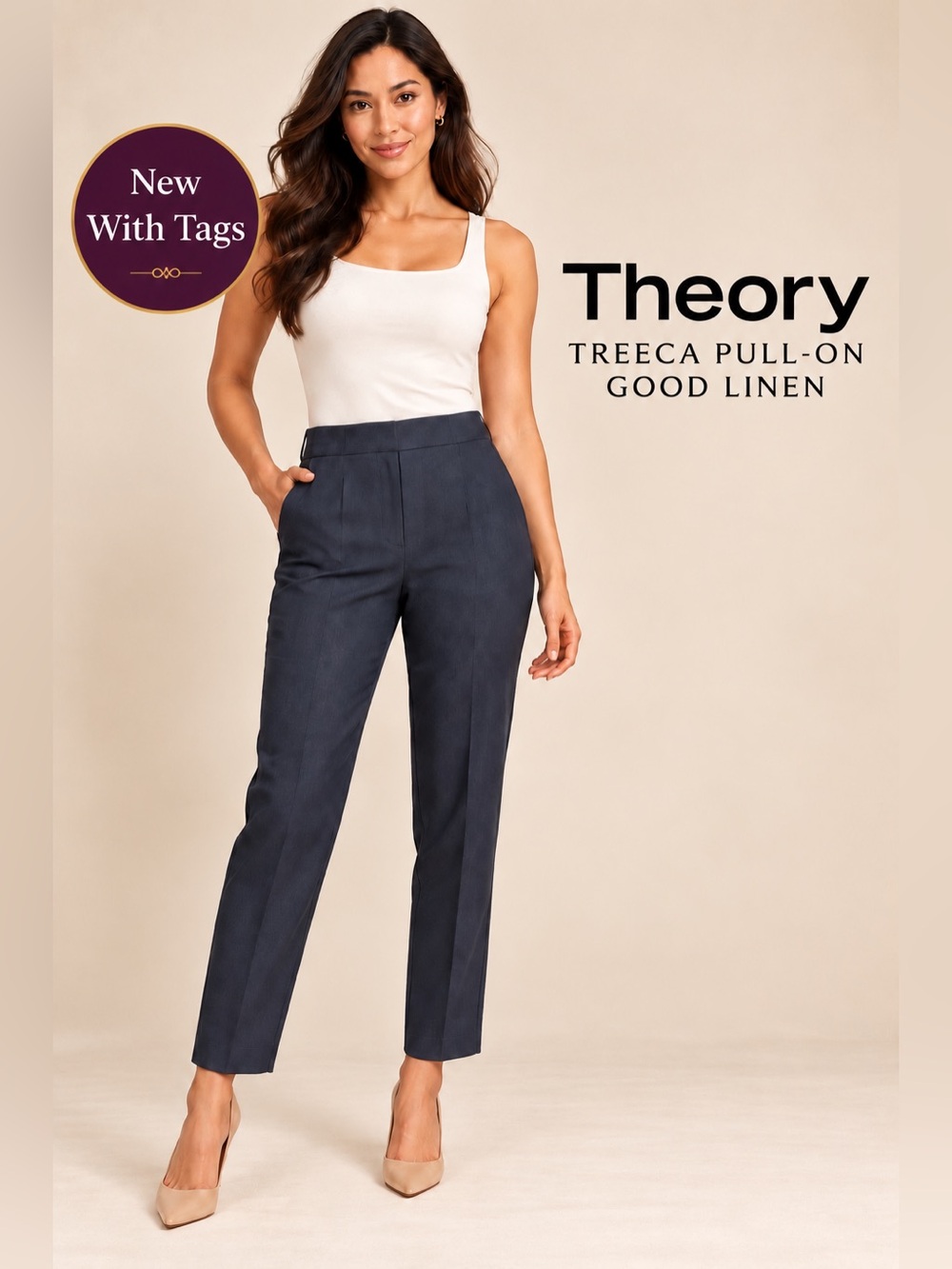 NWT Theory Treeca Pull-On Good Linen Pants Size 2 Concord Navy $245